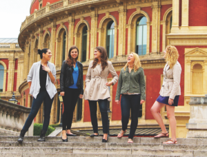 group of 5 aifs abroad students on steps in london, england
