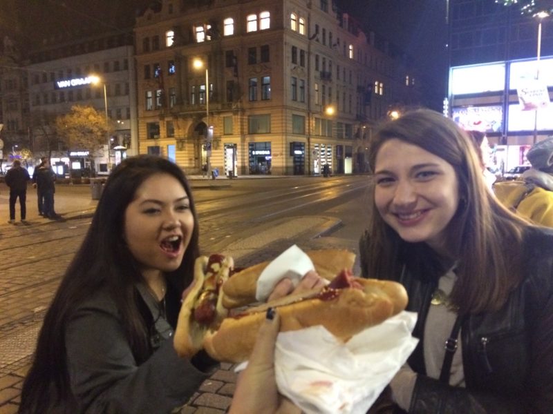 aifs students eating Klobasa at Václavský Gril in Wenceslas Square 