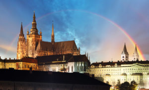 Prague Castle with rainbow at dusk