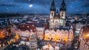 Aerial view of Prague, Czech Republic at Christmas time