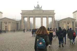 AIFS student from Rural America exploring Berlin's urban center at the Brandenburg Gate