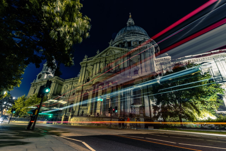 Picture of St Paul's Cathedral with passing traffic light trails.