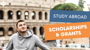 Study abroad scholarships and grants text over a photo of young man in Rome