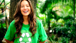Young woman in recycling t-shirt