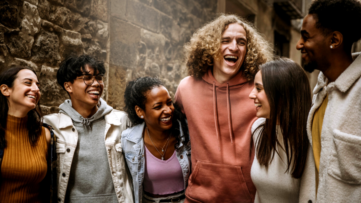 College students laughing abroad