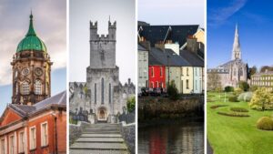 Collage of four cities in Ireland: Dublin, Limerick, Galway, and Maynooth