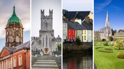Collage of four cities in Ireland: Dublin, Limerick, Galway, and Maynooth
