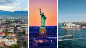San José, Costa Rica; Statue of Liberty, New York City, USA; Sydney Opera House, Sydney, Australia