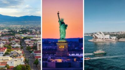 San José, Costa Rica; Statue of Liberty, New York City, USA; Sydney Opera House, Sydney, Australia