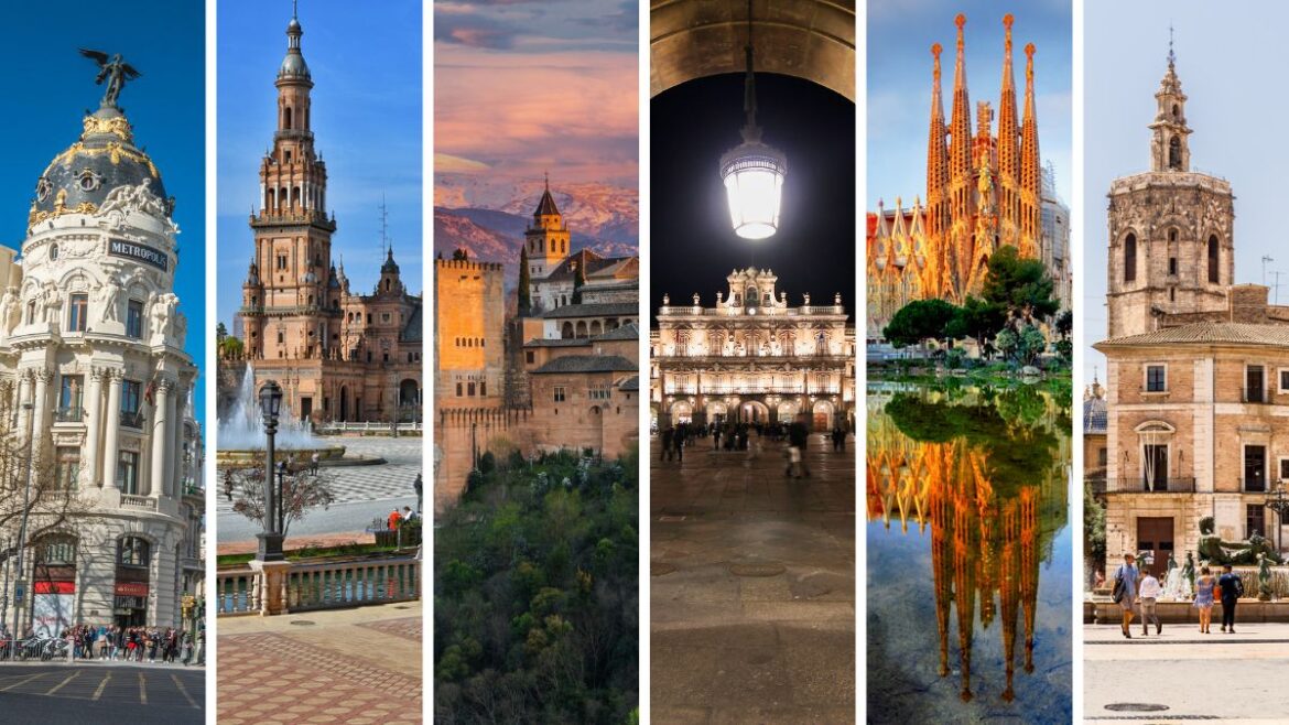 6 cities in Spain: Madrid, Seville, Barcelona, Granada, Salamanca, Valencia