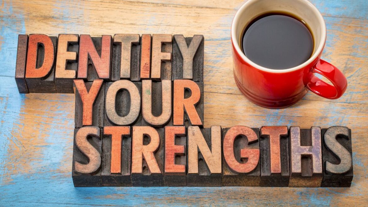 Block letters "identify your strengths" with a cup of black coffee