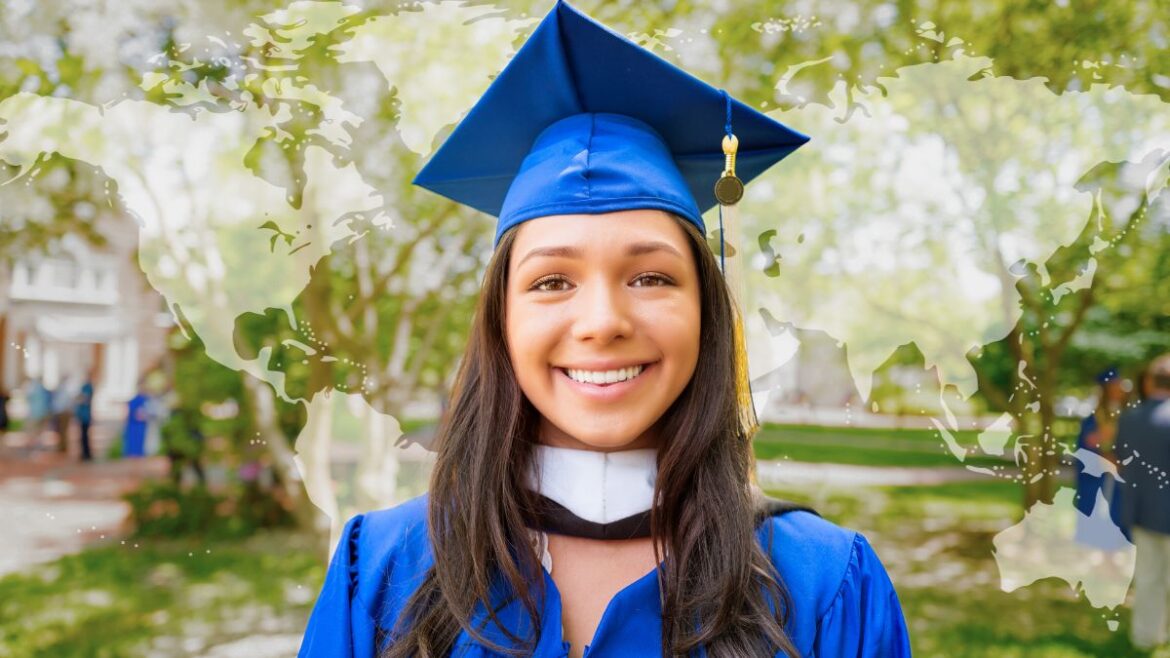 Travel concept: Recent college graduate in blue cap and gown in front of map