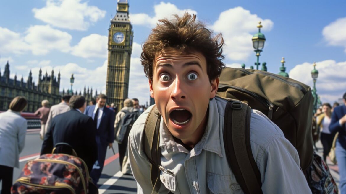 Culture shock concept: Scared male student in London, England in front Big Ben