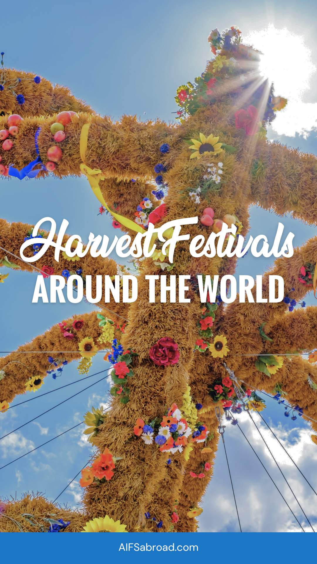 Pin Image - Harvest festival crown decor in Germany with text overlay saying "Harvest Festivals around the World"