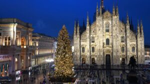 Christmas tree in Piazza del Duomo in Milan, Italy at dusk