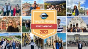 Collage of study abroad students with badge "AIFS Abroad Named Top Rated Study Abroad Provider of 2023 by GoAbroad"