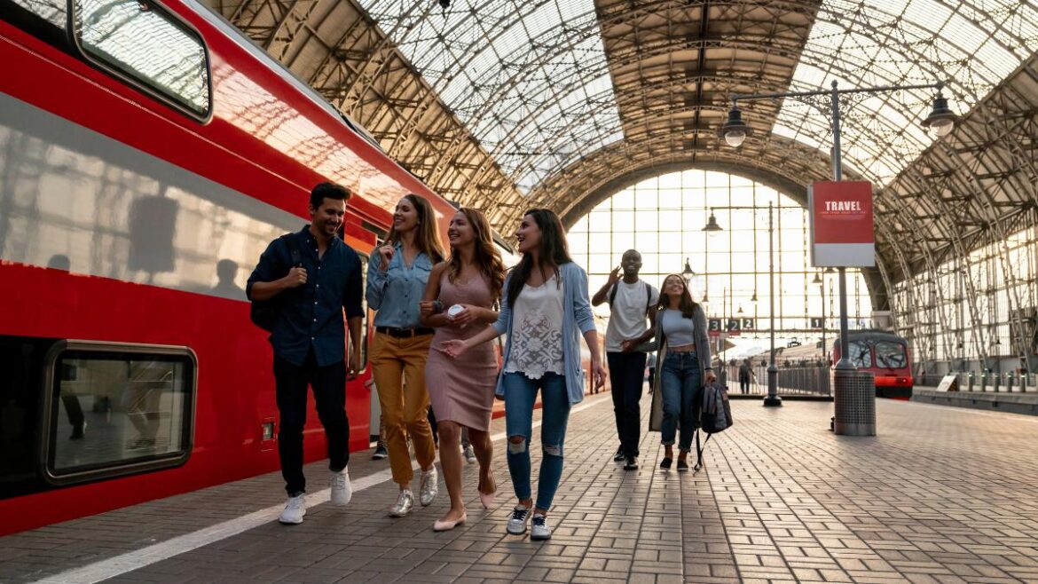 five young people in a group traveling at a train station
