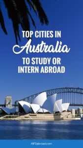 Pin Image - Sydney Opera House and Sydney Harbor with text overlay "Top Cities in Australia to Study or Intern Abroad - AIFS Abroad"