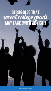 Pin image: Outline of 4 recent college graduates throwing graduation caps to celebrate with text "Struggles That Recent College Graduates May Face (with Advice!")