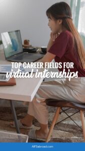 Young woman working at home at desk as an intern with text "Top Career Fields for Virtual Internships" - AIFS Abroad