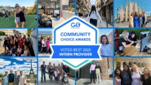 images of interns abroad with badge from GoOverseas representing AIFS Abroad Named #1 Top Overall Internship Abroad Provider of 2023