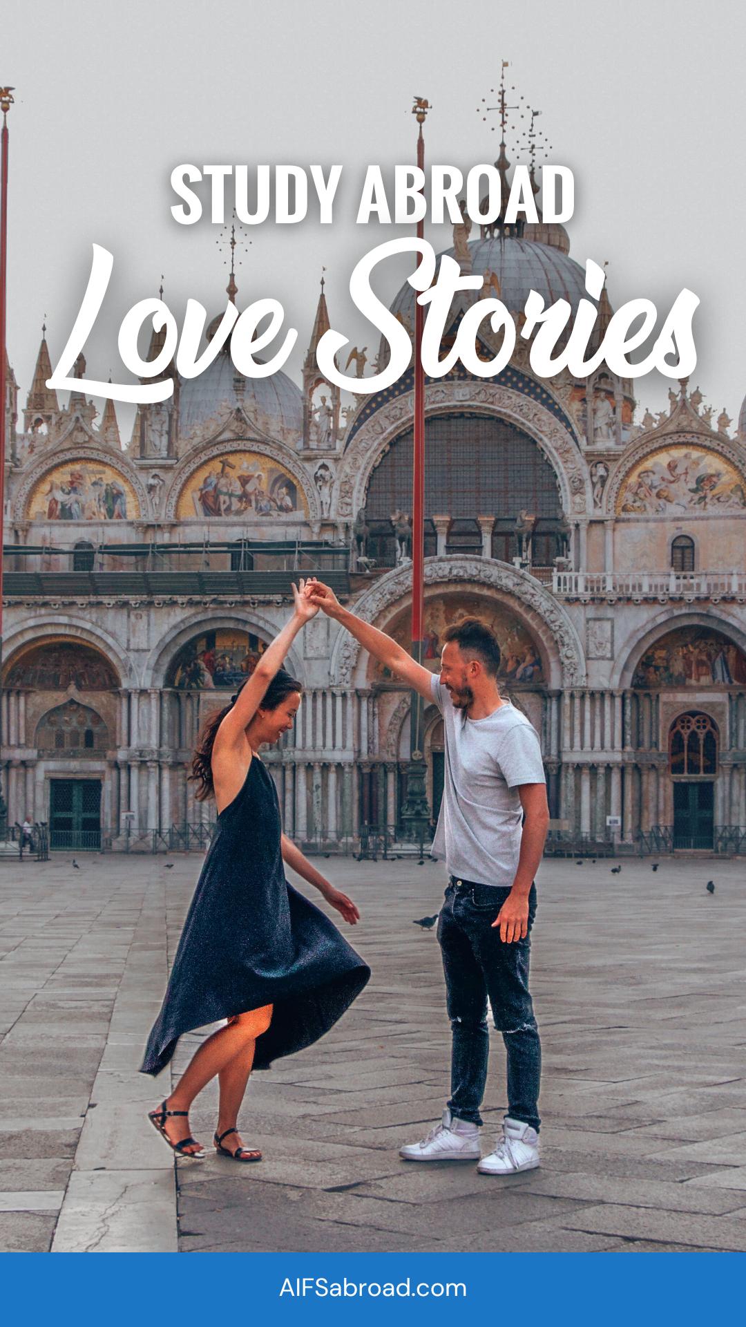 Pin image: young couple dancing alone in st. mark's square, venice, italy with text overlay "study abroad love stories"