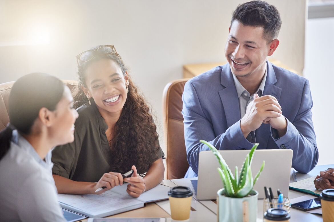Office, discussion and laptop with interview, laugh and group collaboration for small business startup. Law firm, teamwork and employee support with company planning, management and intern training.