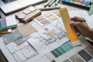 Interior design table with swatches and sketches