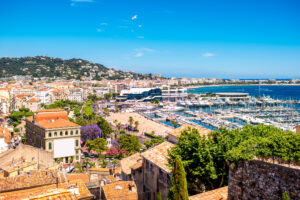 Top cityscape view on french riviera with yachts in Cannes city