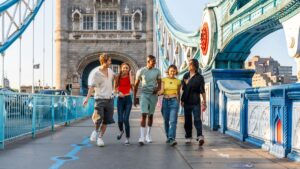 Students in London, England on Tower Bridge
