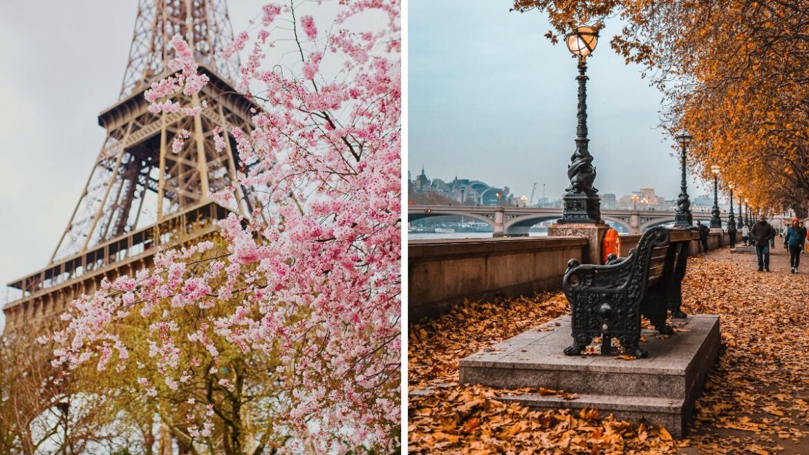 Spring in Paris, France and Fall in London, England