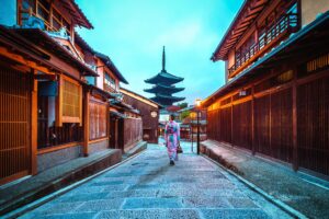 Woman wearing Japanese traditional kimono at Yasaka Pagoda and Sannen Zaka Street in Kyoto, Japan.